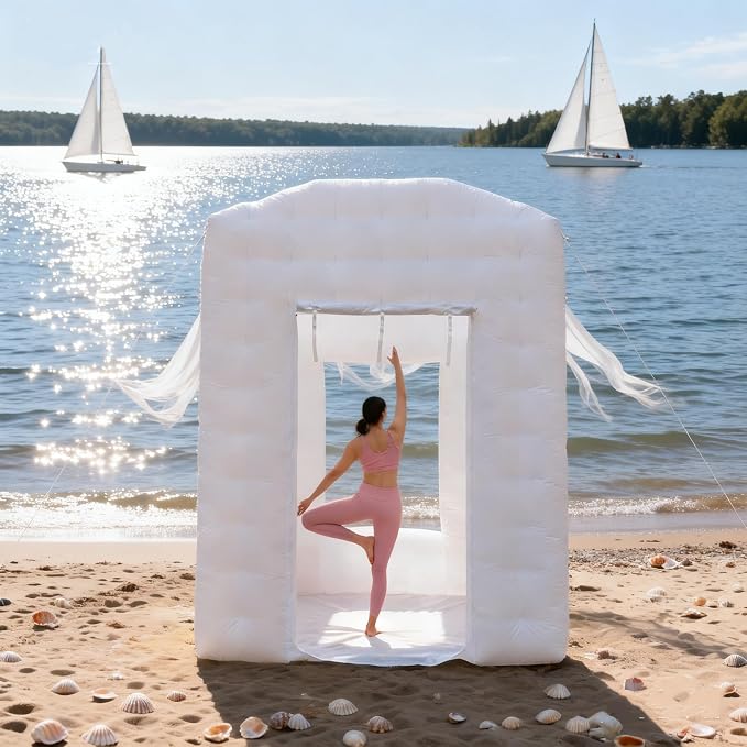 New White Inflatable Hot Yoga Dome Tent with Built-in Fan, 6.6x7.4x8.2FT Inflatable Yoga Room Indoor Outdoor Meditation Fitness Space