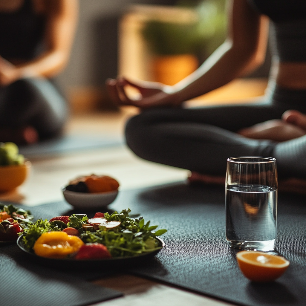 yoga and mindful eating on yoga mat