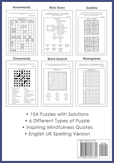 Mindfulness Puzzle Book for Adults: Mixed Activity Puzzlebook | 104 Relaxing Puzzles with Inspiring Mindful Quotes (UK Version)     Paperback – June 6, 2020