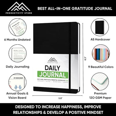 Journal For Men & Women - Gratitude Journal & Self Care Journal With Prompts - A5 Journaling Notebook - Black - Productivity Store - Forever Consciousness
