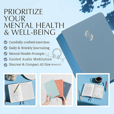 FINDING BALANCE Mental Health Journal – 6 - Month Daily Journal with Prompts for Mindfulness, Self - Care & Healing – Anxiety & Depression Relief – Blue Hardcover - Forever Consciousness