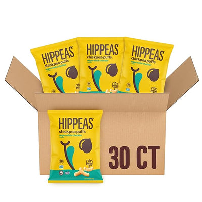 Hippeas Chickpea Puffs, Vegan White Cheddar, 0.8 Ounce (Pack of 30), 3g Protein, 2g Fiber, Vegan, Gluten-Free, Crunchy, Plant Protein Snacks