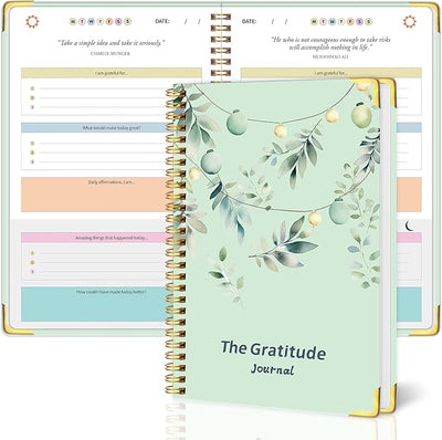 Gratitude Journal with Vivid Colorful Layout Design for Women,Men,Teens, Daily Journal with Prompts,Hardcover Planner for More Happiness, Mindfulness & Reflection, Daily Affirmations, Spiral Binding (Green Leaves)