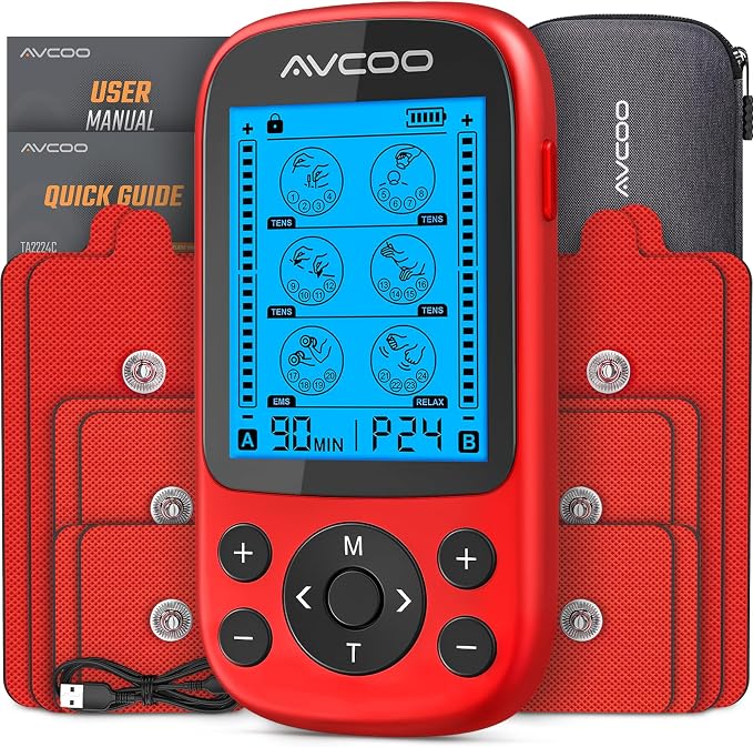 AVCOO 3-in-1 TENS Unit Muscle Stimulator for Pain Relief, 24 Modes, EVA Bag