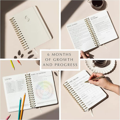 FINDING BALANCE Mental Health Journal – 6 - Month Daily Journal with Prompts for Mindfulness, Self - Care & Healing – Anxiety & Depression Relief – Beige Spiral - Forever Consciousness