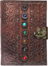 AzureGreen Leather Book of Shadows Journal, Supernatural Notebook with Chakra Gem Stones Healing Crystals and Latch (Brown Single Lock)