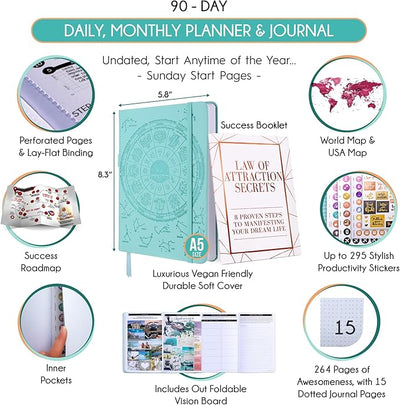 Manifestation Journal - 5 Minute Manifesting & Self Care Journal | 90 - Day Undated Daily Planner for Positivity, Affirmations & Gratitude | Guided Mindfulness, Reflection | Vision Board + Stickers - Forever Consciousness