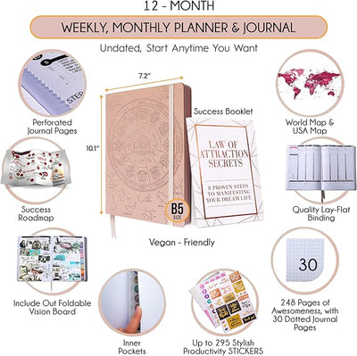 Law of Attraction Planner – Undated Hourly, Weekly & Monthly Goal Setting Planner, 12 - Month to Increase Productivity | Life & Gratitude Journal, Include Foldable Vision Board, Gift Box & Stickers - Forever Consciousness
