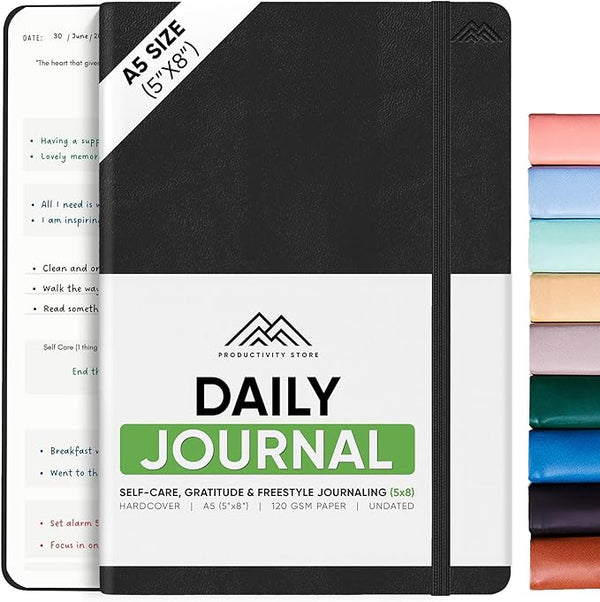 Journal For Men & Women - Gratitude Journal & Self Care Journal With Prompts - A5 Journaling Notebook - Black - Productivity Store