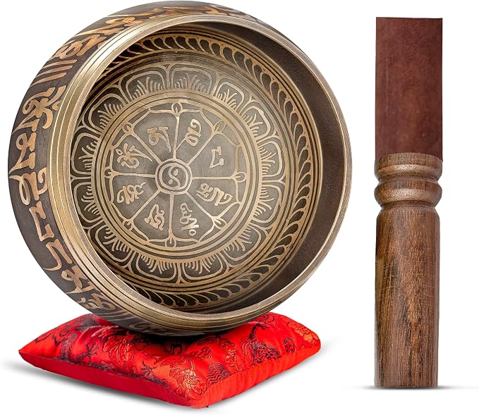 Premium Tibetan Singing Bowl Set – Handmade in Nepal Sound & Meditation Bowl – Spiritual Decor for Yoga, Wellness Spaces & Relaxation by Himalayan Bazaar (Brown & Red)